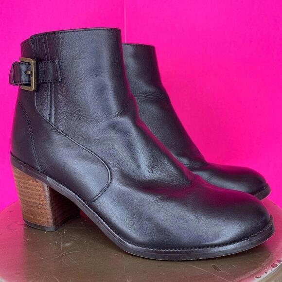 14th & Union Lynda Black Leather Side Buckle Block Heel Ankle Boot Size 6.5 - Picture 1 of 6